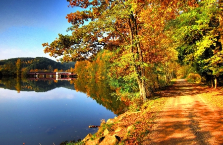 Autumn walk - calm, blue, forest, reflection, walk, crystal, leaves, mountain, path, shore, waters, lake, sky, falling, trees, beautiful, road, lovely, fall, nature, autumn, clear, foliage