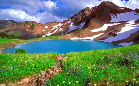 Mountain landscape - snowy, peak, cliffs, beautiful, grass, view, nature, mountain, meadow, landscape, flowers, wildflowers, hills, blue, lake, sky, nice, clouds, lovely