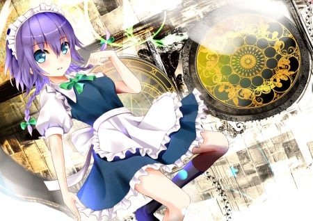 ~Izayoi Sakuya~ - anime, bows, blush, maid, short hair, izayoi sakuya, braids, touhou, apron, purple hair, headdress, blue eyes