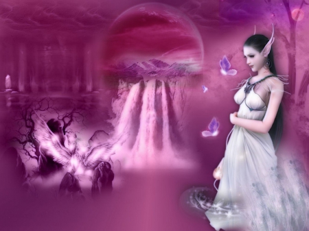 ELF OF THE PINK MOON - moon, elf, female, pink, dress, butterflies