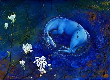 Sleeping Unicorn - flowers, night, blue, artwork