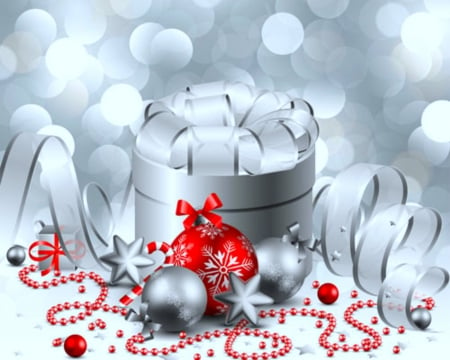 Christmas gift - bokeh, Christmas balls, gift, Christmas, ribbons, pearl