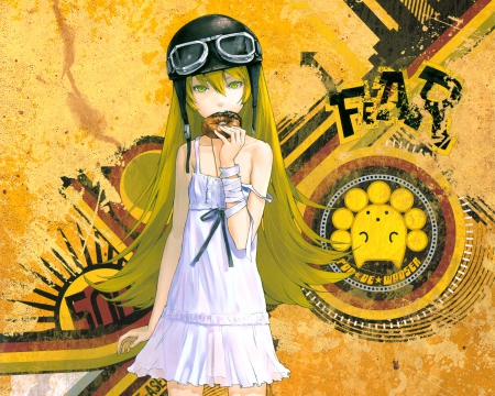 Bakemonogatari - helmet, eat, girl, blonde hair, anime, vampire, bakemonogatari