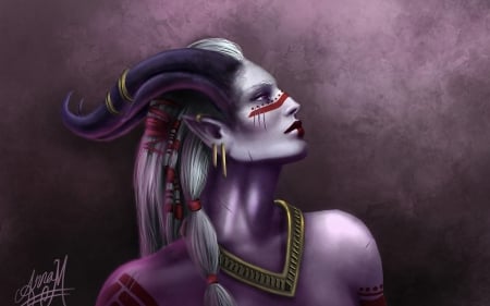 Kunar girl - woman, purple, art, dragon age inquisition, fantasy, kunar girl, horns