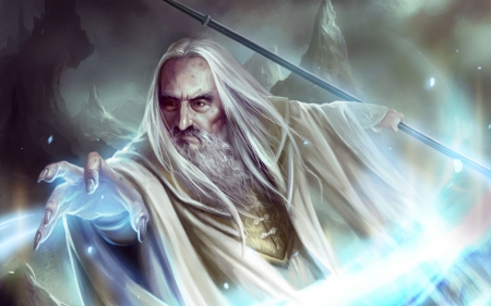 Saruman - lord of the rings, game, wizard, magic, blue, sword, man, saruman, fantasy, white, lotr