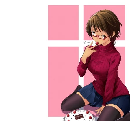 Strawberry - pretty, anime, female, food, pink, k-on, short hair, red, fruit, nice, cake, sunglasses, anime girl, nodoka, strawberry, kon, girl, lovely, brown hair, sweet, k on, white, glasses