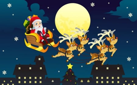 Santa on his sleigh - sleigh, santa, deer, vector, night, Christmas