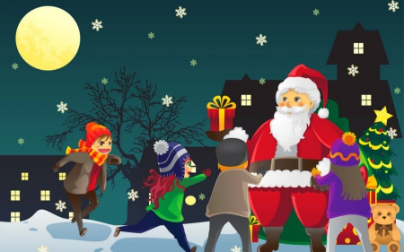 Santa in town - moon, vector, Santa, children, Christmas