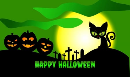 Happy Halloween - moon, vector, pumpkin, cat, black, halloween, yellow, orange, green