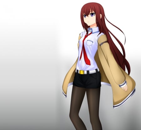 Brown Head - nice, beauty, necktie, female, pant, emotional, simple, anime girl, steins gate, brown hair, pretty, anime, girl, shirt, long hair, lovely, jacket, hd, plain, beautiful, makise murisu, tie, sweet, makise, kurisu