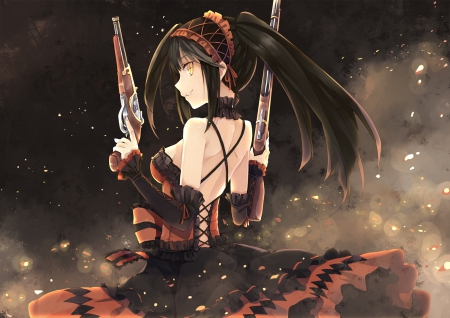 Deadly Lolita - gun, tokisaki, female, twintail, anime girl, date a live, black hair, pistol, kurumi, anime, twin tail, girl, twintails, long hair, gown, twin tails, weapon, lolita, dress