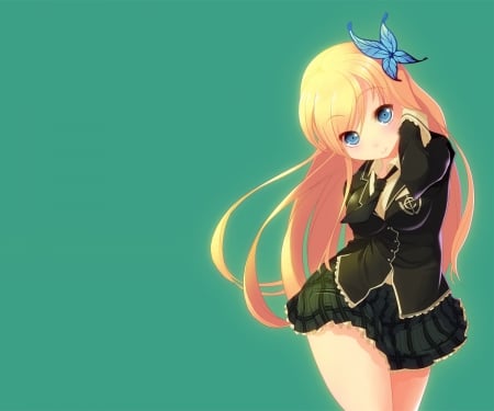 Blondie - pretty, anime, elegant, female, maiden, blonde, blond hair, long hair, gorgeous, blond, plain, hd, nice, sena, anime girl, beautiful, hot, girl, simple, blonde hair, beauty, lovely, sweet, kashiwazaki sena, kashiwazaki, lady, green, cute, sexy