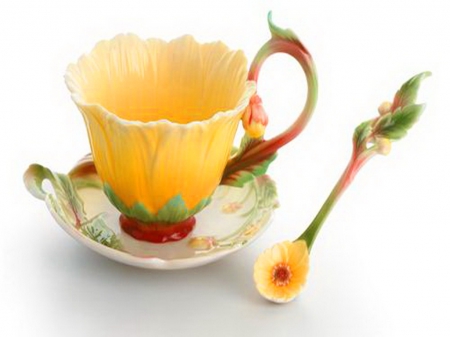 A cup for Annie - spoon, yellow, saucer, teacup, flower