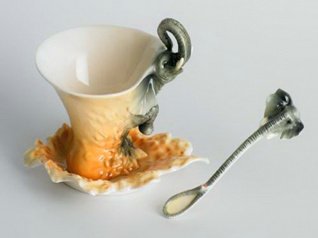 Elephant teacup - spoon, saucer, elephant, teacup