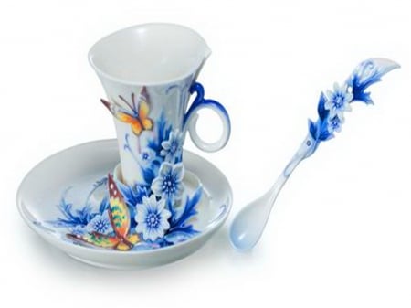 Teacup for Di - spoon, butterfly, blue, flowers, saucer, teacup