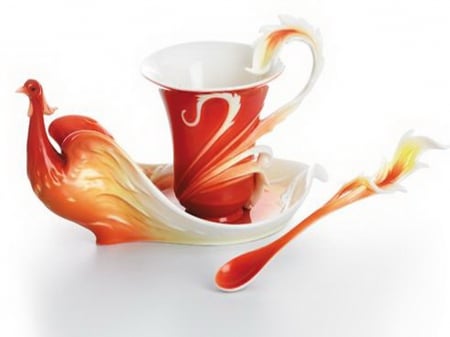 Teacup for Barb - bird, spoon, red, gold, saucer, teacup