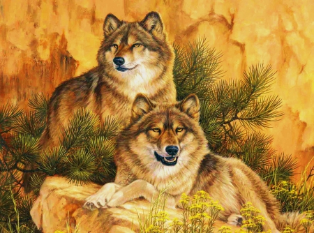 Grey Wolves - nature, resting, predators, artwork, wildlife