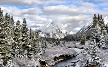 Winter - sky, trees, landscape, winter, mountains, nature, forest, winter time, woods, river, clouds, splendor