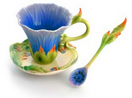 Teacup for Inspi - spoon, blue, saucer, teacup, flower