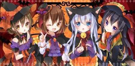 Trick or Treat! - Bat, Cute, Bell, Girls, Wand, Brown Hair, Halloween, Fang, Witch, Cat Girls, Costumes, Ears, Silver Hair, Pirate, Hats