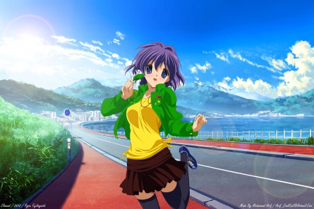 Clannad - sky, girl, hq, montains, skyland, hd, pretty, clannad, blue, anime, cute