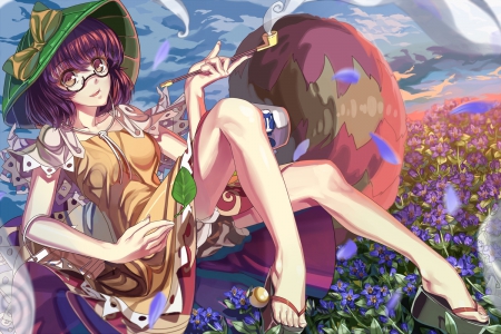 Futatsuiwa Mamizou - tail, touhou, futatsuiwa mamizou, glasses, flowers, brown hair, anime, dress, bow, hat, brown eyes