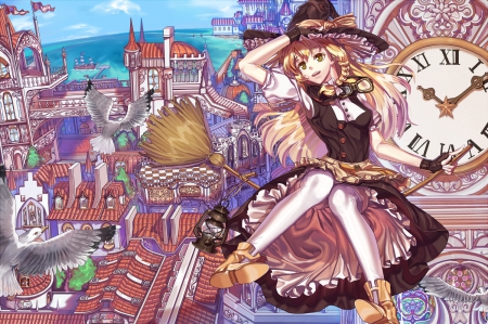 What A Huge City!! - clock tower, hat, ribbons, touhou, anime, birds, yellow eyes, braid, long hair, witch, ship, broom, city, goggles, sea, kirisame marisa, blonde