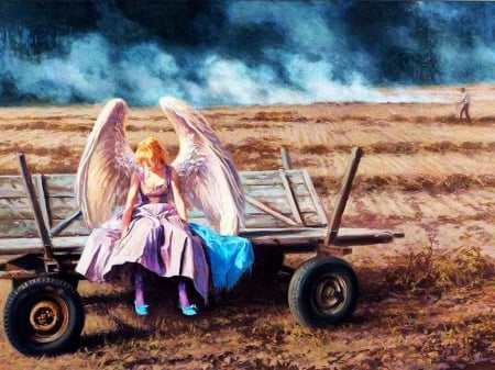 Lost Angel - clouds, cart, woman, fields