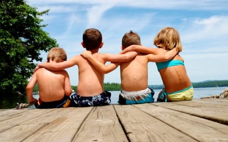 Friends - boy, boys, girl, lake, friends, photo