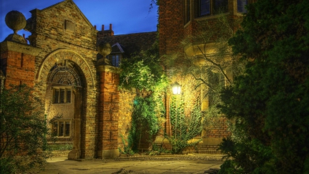 patio of a lovely manor house in evening - house, vines, patio, evening, lantern