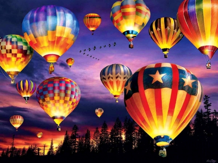 Hot air baloons - pretty, fun, aglow, amazing, air, beautiful, hot, evening, lovely, joy, baloon, colorful, lights, nice, sky