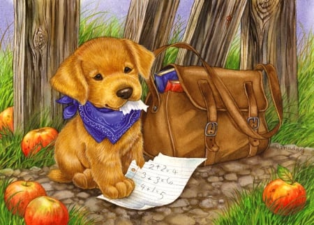 The dog ate my homework - summer, dog, grass, bag, home, page, eat, apples, garden, puppy, yard, fruits, art, house, homework, beautiful, lovely, playing, funny, painting, cute, little, adorable, cutie