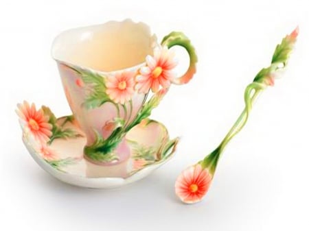 Teacup for Beautiful-Life - spoon, flowers, saucer, teacup