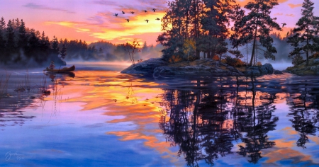 Autumn Sunset - fall, trees, boat, mist, lake, colors, reflection