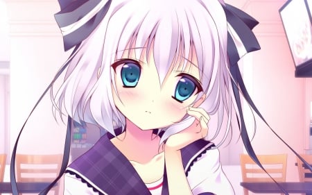 just think of you my love - manga, anime, school girl, ribbons, white hair, blue eyes