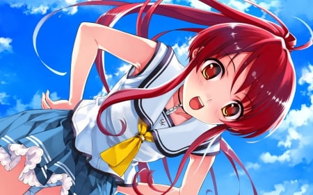 make me smile - red hair, manga, anime, pony tail, school girl, sky, red eyes