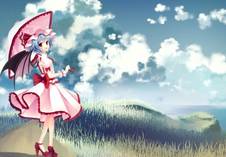 The Road Less Traveled - clouds, anime, dress, red eyes, short hair, umbrella, touhou, blue hair, wings, cliff, remilia scarlet, sky