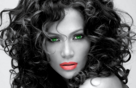 Green eyes - white, woman, wallpaper, black