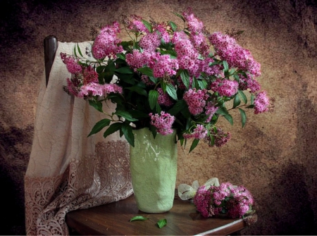 Pink flowers - Still life - vase, brown, beauty, colors, pink, still life, chair, flowers, nature, green, arrangement, soft, background, floral, wallpaper