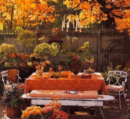 Fall Garden Party - table, leaves, party, garden, fall season