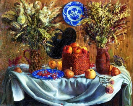 Autumn Still Life - apples, berries, basket, grain, artwork, onions, grass