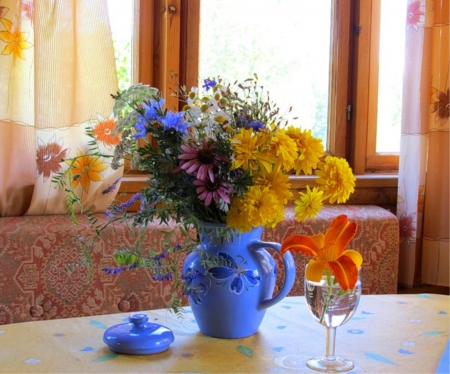 Colors and beauty - beauty, glass, photography, day, room, colorful, different, still life, nature, window, beautiful, table, flowers, colors