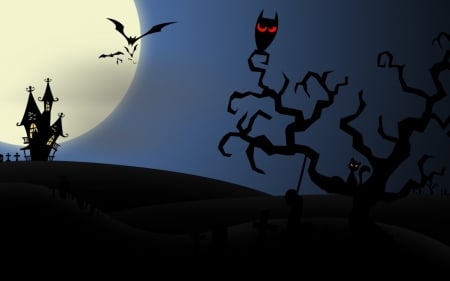 Halloween - moon, bat, blue, haunted house, cat, red eyes, owl, black, halloween