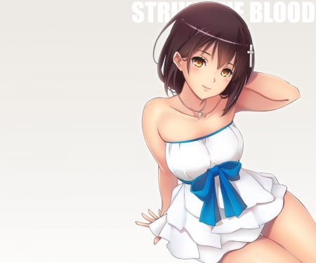 Yukina - nice, beauty, female, hot, sundress, simple, anime girl, elegant, brown hair, blye, white, gorgeous, brown, pretty, anime, blouse, ribbon, cute, short hair, maiden, lady, sexy, girl, gown, lovely, divine, hd, beautiful, tie, happiness, sweet, dress