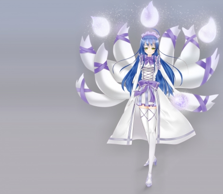 Kitsune - anime, kitsune, female, league of legends, long hair, blue hair, plain, ribbon, hd, rpg, video game, tails, yellow eyes, anime girl, game, hot, girl, simple, ahri, grey, cute, sexy