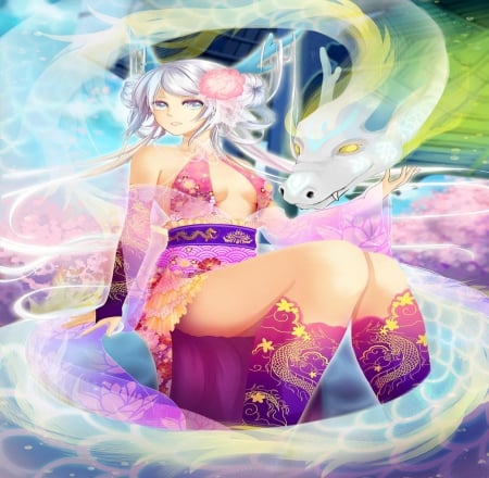 Magic Knight - pretty, oriental, fantasy, dragon, magic, girl, orginal, lake