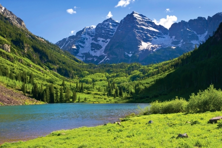 Green Denver - greenery, clouds, trees, beautiful, slope, grass, lovely, mountain, Danver, river, shore, green, peak, cliffs, lake, sky