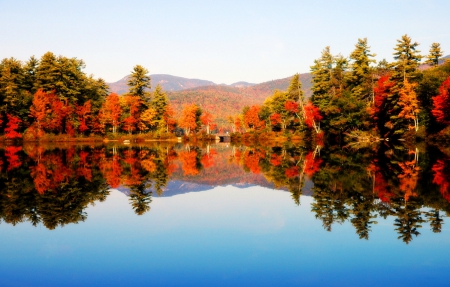 New Hampshire lake - season, autumn, lake, sky, falling, colorful, water, shore, mirrored, foliage, fall, reflection, red, blue, leaves, new hampshire