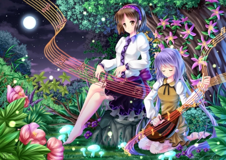 Night Melody - nice, beauty, female, music, anime girl, touhou, pretty, anime, cute, short hair, maiden, moon, lady, girl, melody, night, long hair, lovely, kawaii, beautiful, sweet, flower, dress