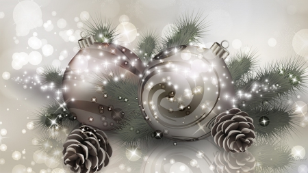 Silver Christmas - bokeh, stars, shine, sparkle, christmas, balls, cones, silver, decorations, feliz navidad